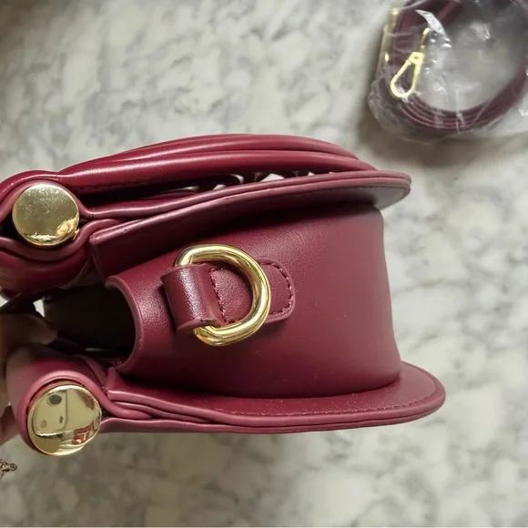 Ribbed Half-Moon Shoulder Bag in Burgundy with Crossbody Strap - Picture 7 of 8
